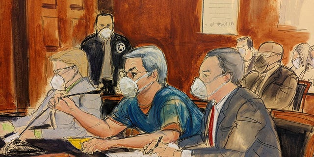 In this courtroom sketch, Juan Orlando Hernández, center, speaks into a microphone while pleading not guilty to drug trafficking and weapons charges flanked by his lead defense attorney Raymond Colon, right, Tuesday, May 10, 2022, in New York. The former Honduran president pleaded not guilty to charges that he received millions of dollars from 2004 to 2022 to support a drug trade that delivered hundreds of thousands of kilos of drugs to the U.S. 