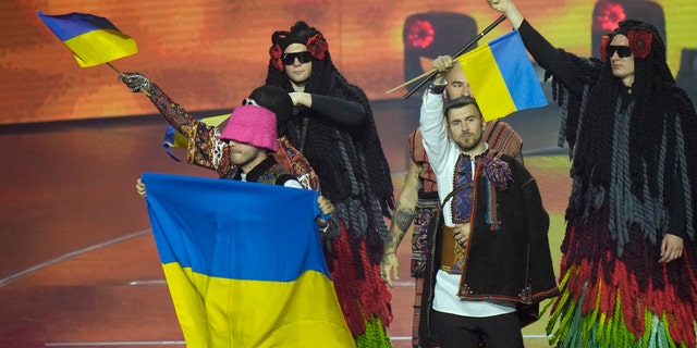Kalush Orchestra from Ukraine arrives for the Grand Final of the Eurovision Song Contest at Palaolimpico arena, in Turin, Italy, Saturday, May 14, 2022. (AP Photo/Luca Bruno)