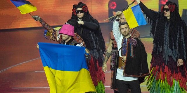 Kalush Orchestra from Ukraine arrives for the Grand Final of the Eurovision Song Contest at Palaolimpico arena, in Turin, Italy, Saturday, May 14, 2022. (AP Photo/Luca Bruno)