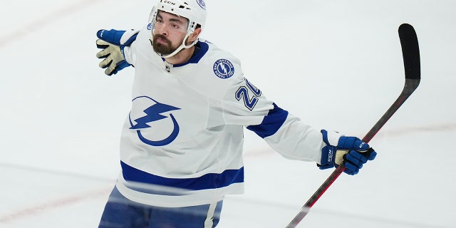 Tampa Bay Lightning forward Nicholas Paul celebrates his second goal of the night against the Toronto Maple Leafs, during the second period in Game 7 of a first-round series in the NHL hockey Stanley Cup playoffs Saturday, 五月 14, 2022, in Toronto.