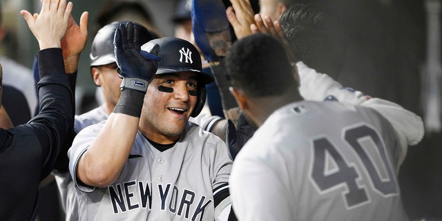 New York Yankees' Jose Trevino, left, celebrates his three-run home run with teammate Luis Severino (40) and others in the dugout during the fourth inning of a baseball game against the Baltimore Orioles, Monday, May 16, 2022, in Baltimore. 