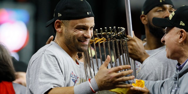 FILE - Washington Nationals' Gerardo Parra celebrates after Game 7 of the baseball World Series against the Houston Astros Wednesday, Oct. 30, 2019, in Houston. The Nationals won 6-2 to win the series.