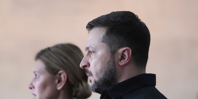 President of Ukraine Volodymyr Zelenskyy and his wife Olena Zelenska attend the funeral of Leonid Kravchuk, independent Ukraine's first president, at the International Convention Center Ukrainian House, in Kyiv, Ukraine, Tuesday, May 17, 2022. Kravchuk led Ukraine to independence amid the collapse of the Soviet Union and served as its first president. He died on May 10 at the age of 88.