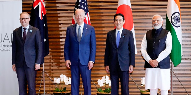 Leaders of Quadrilateral Security Dialogue (Quad) from left to right, Australian Prime Minister Anthony Albanese, U.S. President Joe Biden, Japanese Prime Minister Fumio Kishida, and Indian Prime Minister Narendra Modi, pose for photo at the entrance hall of the Prime Minister's Office of Japan in Tokyo, Japan, Tuesday, May 24, 2022.