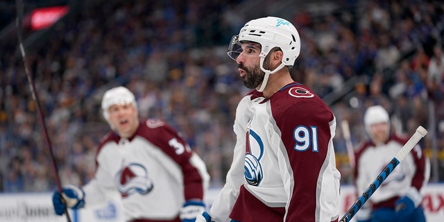 The Colorado Avalanche's Nazem Kadri (91) celebrates after scoring during the third period of Game 4 of a second-round playoff series against the St. Louis Blues May 23, 2022, in St.. Louis. 