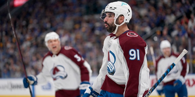 The Colorado Avalanche's Nazem Kadri (91) celebrates after scoring during the third period of Game 4 of a second-round playoff series against the St. Louis Blues May 23, 2022, in St. Louis.