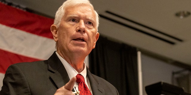 Mo Brooks speaks to supporters at his watch party for the Republican nomination for U.S. Senator of Alabama at the Huntsville Botanical Gardens, Tuesday, May 24, 2022, in Huntsville, Ala.