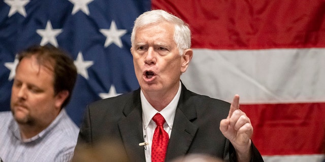 Rep.  Mo Brooks speaks with supporters at his viewing party for the Republican nomination for U.S. Senator from Alabama at the Huntsville Botanical Gardens, Tuesday, May 24, 2022, in Huntsville, Ala.