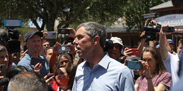 Democratic gubernatorial candidate Beto O'Rourke speaks to the press after he was kicked out for interrupting a news conference headed by Texas Gov. Greg Abbott in Uvalde, Texas, on May 25, 2022.