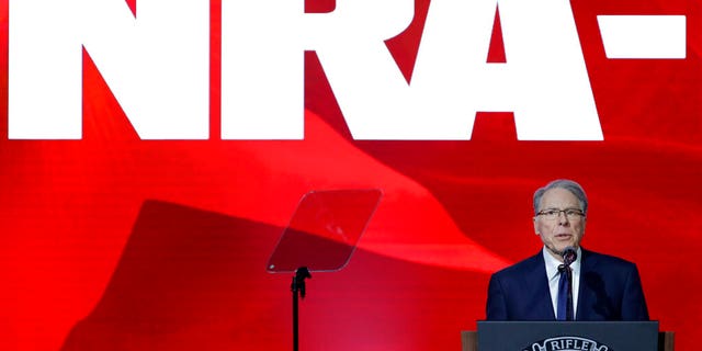 NRA executive vice president Wayne LaPierre speaks during the Leadership Forum at the George R. Brown Convention Center in Houston on May 27, 2022. (AP Photo/Michael Wyke)