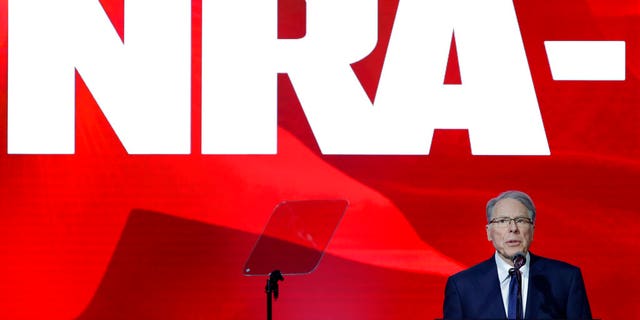 NRA executive vice president Wayne LaPierre speaks during the Leadership Forum at the George R. Brown Convention Center in Houston on May 27, 2022. (AP Photo/Michael Wyke)