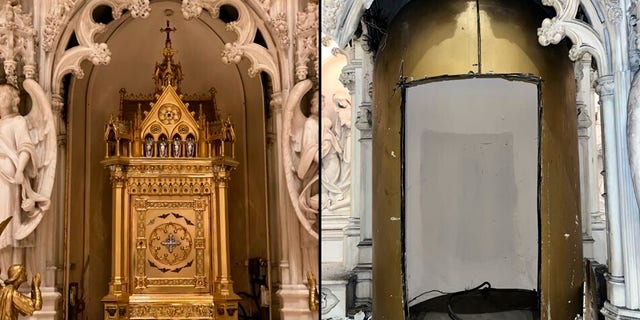 This image provided by the New York City Police Department shows a tabernacle in St. Augustine's Roman Catholic Church in Brooklyn’s Park Slope neighborhood in New York, which was stolen between Thursday, May 26, 2022 and Saturday, May 28, 2022. The tabernacle, a box containing Holy Communion items, was made of 18-carat gold and decorated with jewels, police and the diocese said. It’s valued at $2 million. (NYPD via AP)