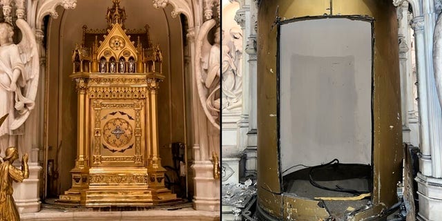 This image provided by the New York City Police Department shows a tabernacle in St. Augustine's Roman Catholic Church in Brooklyn’s Park Slope neighborhood in New York, which was stolen between Thursday, May 26, 2022 and Saturday, May 28, 2022. The tabernacle, a box containing Holy Communion items, was made of 18-carat gold and decorated with jewels, police and the diocese said. It’s valued at $2 million. (NYPD via AP)