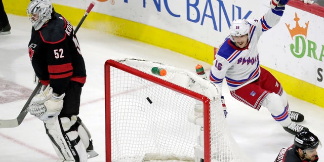 New York Rangers center Ryan Strome celebrates his goal during Game 7 of the second-round playoff series Monday, May 30, 2022, in Raleigh, North Carolina.