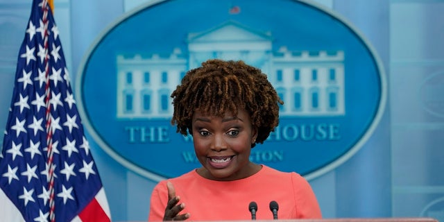 White House Press Secretary Karine Jean-Pierre speaks during the daily press briefing at the White House in Washington on Tuesday.  She said President Biden does not support a ban on all handgun sales. 