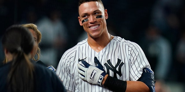 Aaron Judge gestures to fans after the Yankees beat the Toronto Blue Jays, 6-5, Tuesday, May 10, 2022, in New York.
