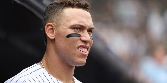 Aaron Judge #99 of the New York Yankees looks on during their game against the Toronto Blue Jays at Yankee Stadium on May 11, 2022 in New York City.