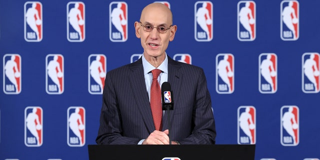 NBA Commissioner Adam Silver speaks to the media after the Board of Governors meetings on April 6, 2022, at the St. Regis Hotel in New York City.
