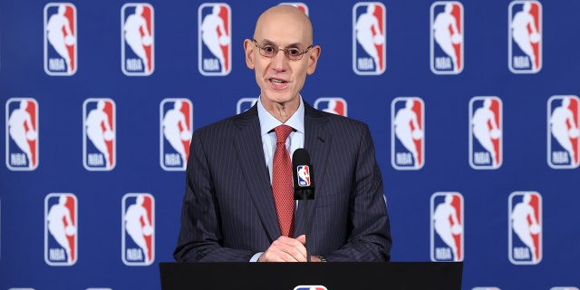 NBA Commissioner Adam Silver speaks to the media after the Board of Governors meetings on April 6, 2022, at the St. Regis Hotel in New York City. 