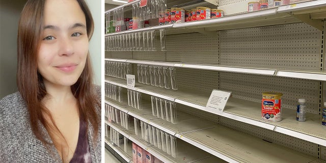 Allie Seckel of Alaska is shown here; meanwhile, empty formula shelves at a store in Long Island, N.Y., are shown at right.