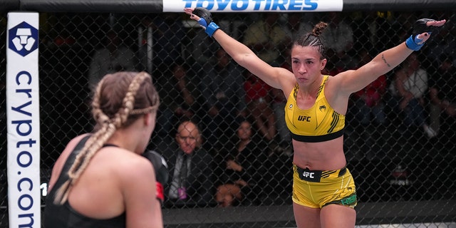 Amanda Ribas of Brazil battles Katlyn Chookagian in a flyweight fight at UFC APEX on May 14, 2022 a Las Vegas, Nevada. 