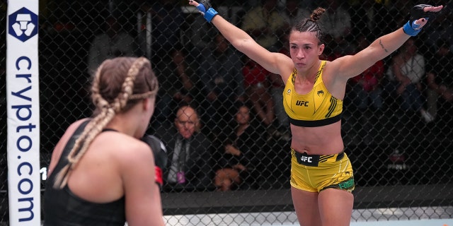 Amanda Ribas of Brazil battles Katlyn Chookagian in a flyweight fight at UFC APEX on May 14, 2022 a Las Vegas, Nevada.