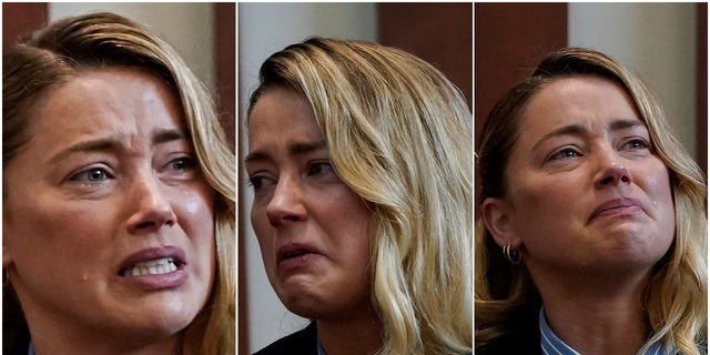 A photo combination of Amber Heard testifying May 4, 2022, at Johnny Depp's defamation trial against her.