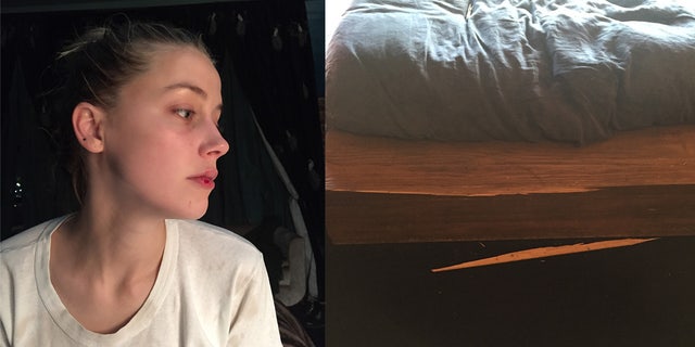Evidence photos showing Amber Heard with a split lip and a bed with a busted frame.