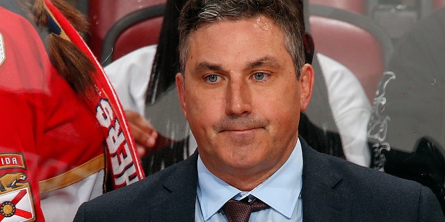 Florida Panthers interim head coach Andrew Brunette watches Game 1 of the second-round Stanley Cup playoff game on May 17, 2022, in Sunrise, Florida.