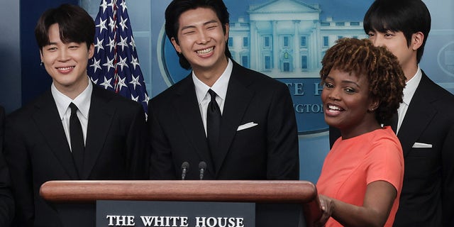 Press secretary Karine Jean-Pierre began the briefing by welcoming BTS as "special guests" to the briefing room. 