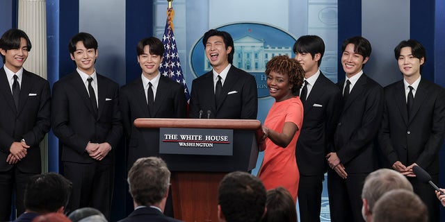V, Jungkook, Jimin, RM, Jin, J-Hope and Suga of the South Korean pop group BTS speak at a daily press briefing at the White House.