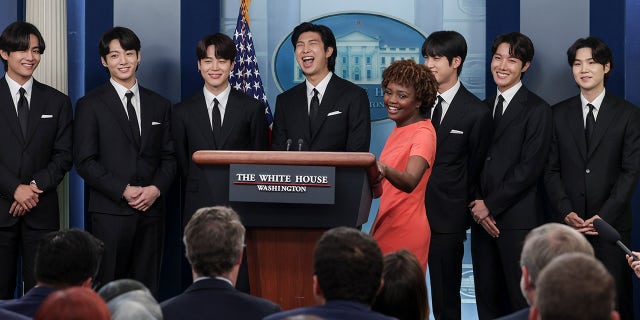  V, Jungkook, Jimin, RM, Jin, J-Hope and Suga of the South Korean pop group BTS speak at the daily press briefing at the White House 