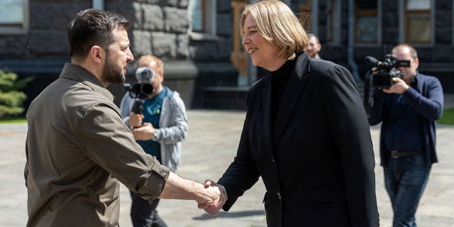 Ukraine's President Volodymyr Zelenskyy welcomes Germany's Bundestag President Baerbel Bas in Kyiv, Ukraine, May 8, 2022, as Russia's attack on Ukraine continues.
