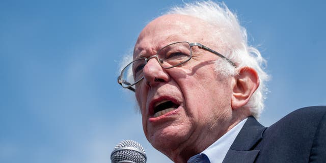 NEW YORK, NY - APRIL 24: Sen. Bernie Sanders (I-VT) speaks at an Amazon Labor Union rally on April 24, 2022 in New York City. 