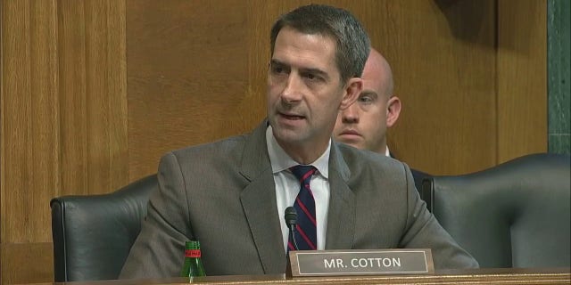 During a hearing before the Senate Judiciary Committee on Wednesday, May 25, 2022, Sen. Tom Cotton, a Republican, is questioning President Biden's nomination to lead the Office of Alcohol, Tobacco, Firearms and Explosives.