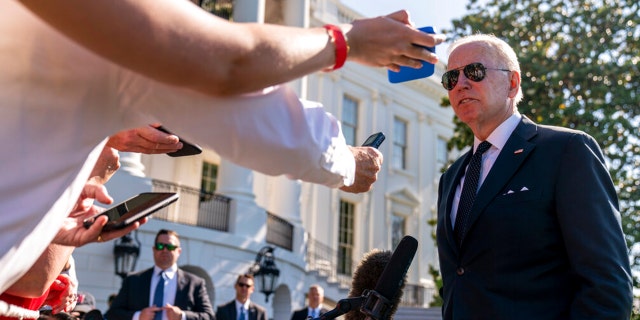 President Biden is shown speaking to members of the media on the South Lawn of the White House in Washington, D.C., on Monday, May 30, 2022.