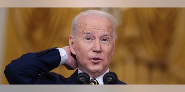 U.S. President Joe Biden speaks during a news conference in the East Room of the White House in Washington, D.C., U.S., on Wednesday, Jan. 19, 2022. Biden said it's the Federal Reserve's job to rein in the fastest pace of inflation in decades, and backed the central bank's plans to scale back monetary stimulus. Photographer: Oliver Contreras/Sipa/Bloomberg via Getty Images