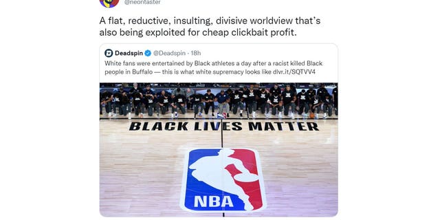 Tablet CTO Noam Blum criticized left-wing news site Deadspin in a May 16, 2022 tweet after it claimed White fans watching Black NBA players compete following the Buffalo shooting was "white supremacy." (Screenshot/Twitter)