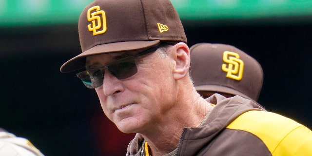 FILE - San Diego Padres manager Bob Melvin stands in the dugout during the first inning of a baseball game against the Pittsburgh Pirates in Pittsburgh, May 1, 2022.