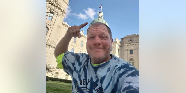 Bob Barnes is cycling to all 50 state capitals in one year. He arrived at his 37th capital, Indianapolis, on April 19, 2022.