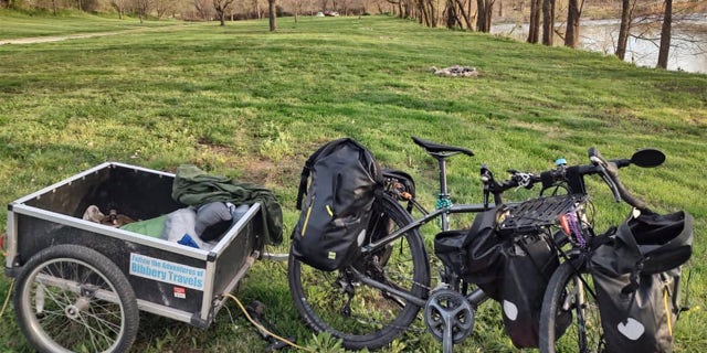 "I don’t like [backtracking]," Barnes said. "It gets in my head, but … you get over it." Barnes' bicycle and gear are pictured at his campsite. 