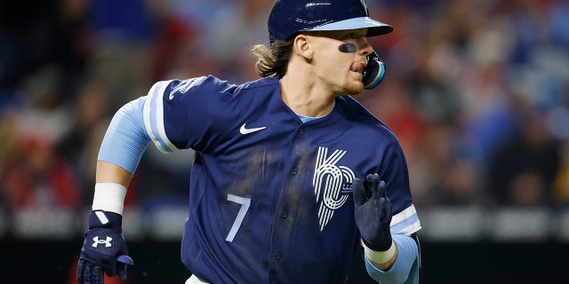 Kansas City Royals' Bobby Witt Jr. runs to first base after hitting an RBI single during the seventh inning of the team's baseball game against the St. Louis Cardinals in Kansas City, Mo., Tuesday, May 3, 2022.