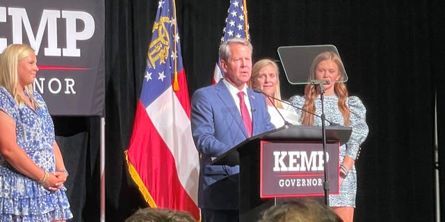 Georgia Republican Governor Brian Kemp celebrates the victory of his major night sect in Atlanta, Georgia, May 24, 2022. 