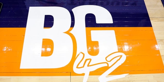 The decal honoring Brittney Griner at Footprint Center on May 6, 2022, in Phoenix, Arizona.