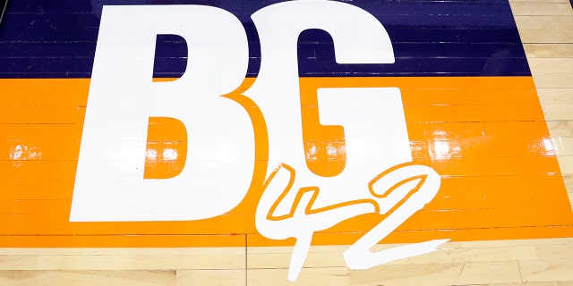 The decal honoring Brittney Griner at Footprint Center on May 6, 2022, in Phoenix, Arizona.