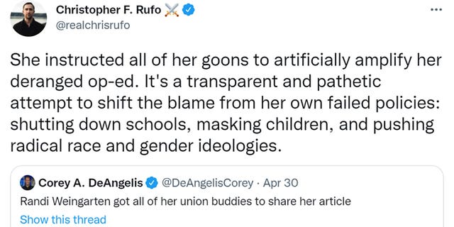 Chris Rufo tweeted "She instructed all of her goons to artificially amplify her deranged op-ed. It's a transparent and pathetic attempt to shift the blame from her own failed policies: shutting down schools, masking children, and pushing radical race and gender ideologies."