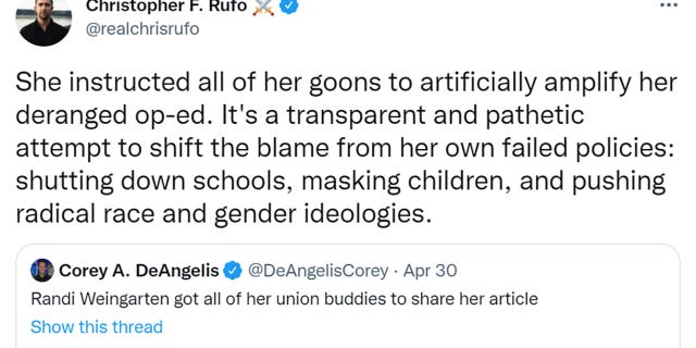 Chris Rufo tweeted "She instructed all of her goons to artificially amplify her deranged op-ed. It's a transparent and pathetic attempt to shift the blame from her own failed policies: shutting down schools, masking children, and pushing radical race and gender ideologies."