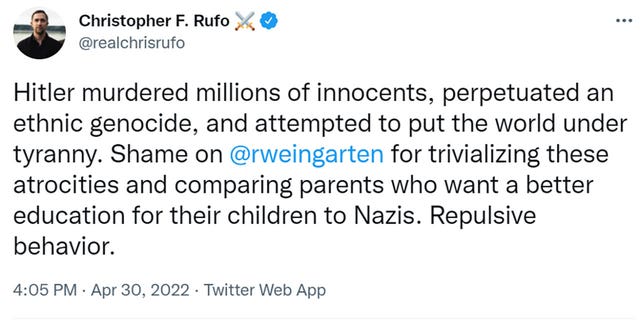 Chris Rufo tweeted "Hitler murdered millions of innocents, perpetuated an ethnic genocide, and attempted to put the world under tyranny. Shame on @rweingarten for trivializing these atrocities and comparing parents who want a better education for their children to Nazis. Repulsive behavior."