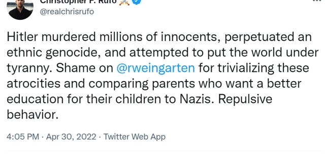 Chris Rufo tweeted "Hitler murdered millions of innocents, perpetuated an ethnic genocide, and attempted to put the world under tyranny. Shame on @rweingarten for trivializing these atrocities and comparing parents who want a better education for their children to Nazis. Repulsive behavior."