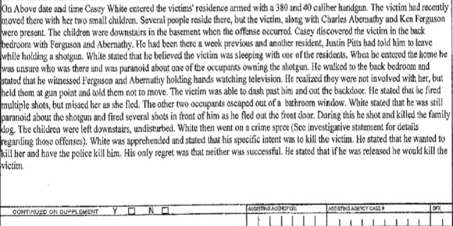 A warrant from Casey White’s December arrest describes how he told a woman, "he wanted to kill her and have police kill him."